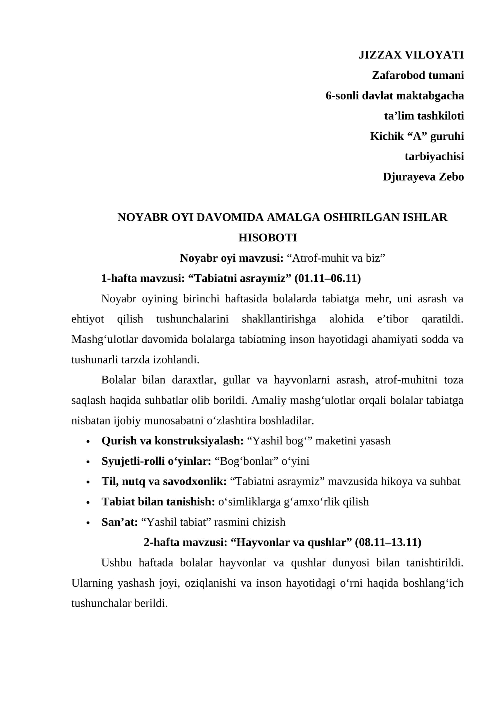 Maktabgacha ta;lim tarbiyachisi uchun Noyabr hisoboti 1