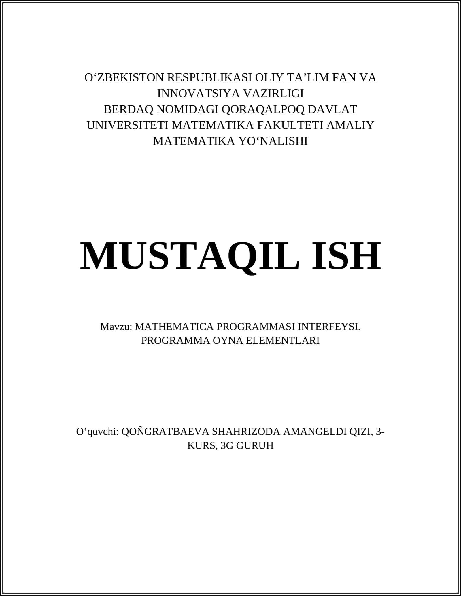MATEMATICA PROGRAMMASI INTERFEYSI 1