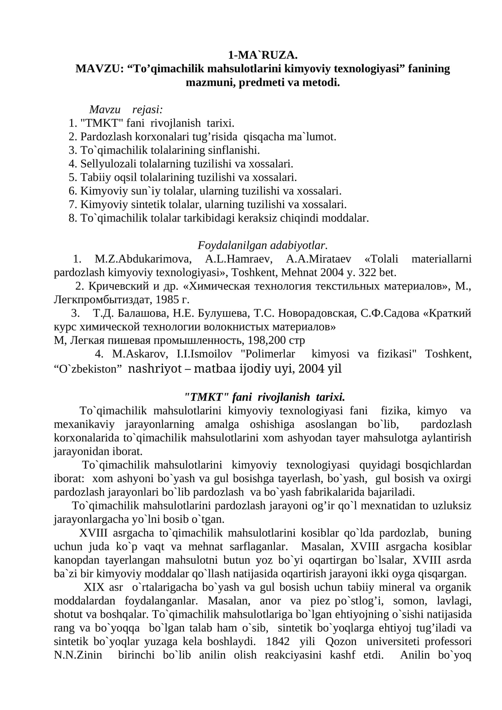 To’qimachilik mahsulotlarini kimyoviy texnologiyasi 1