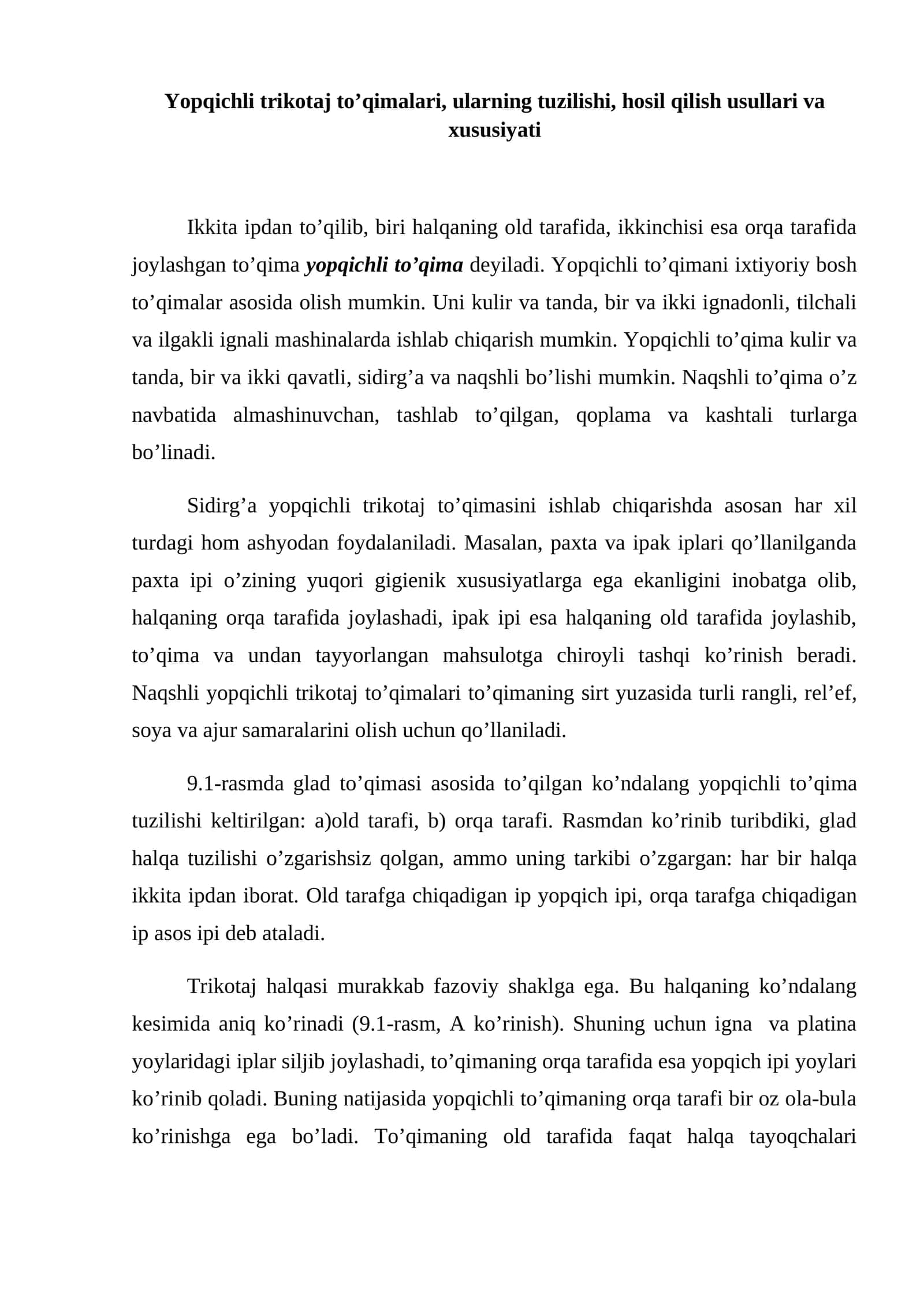 Yopqichli trikotaj to’qimalari 1