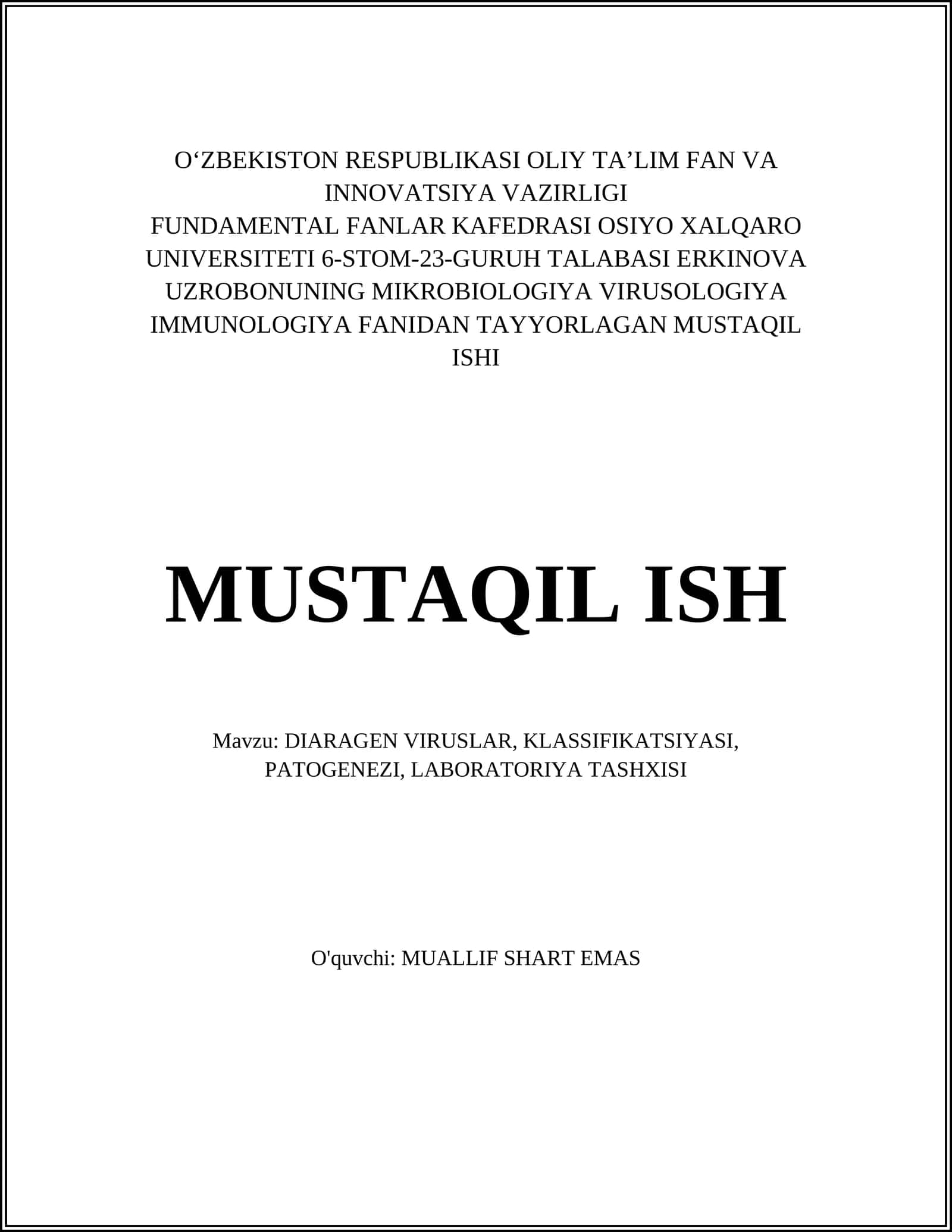 DIARAGEN VIRUSLAR, KLASSIFIKATSIYASI, PATOGENEZI, LABORATORIYA TASHXISI 1