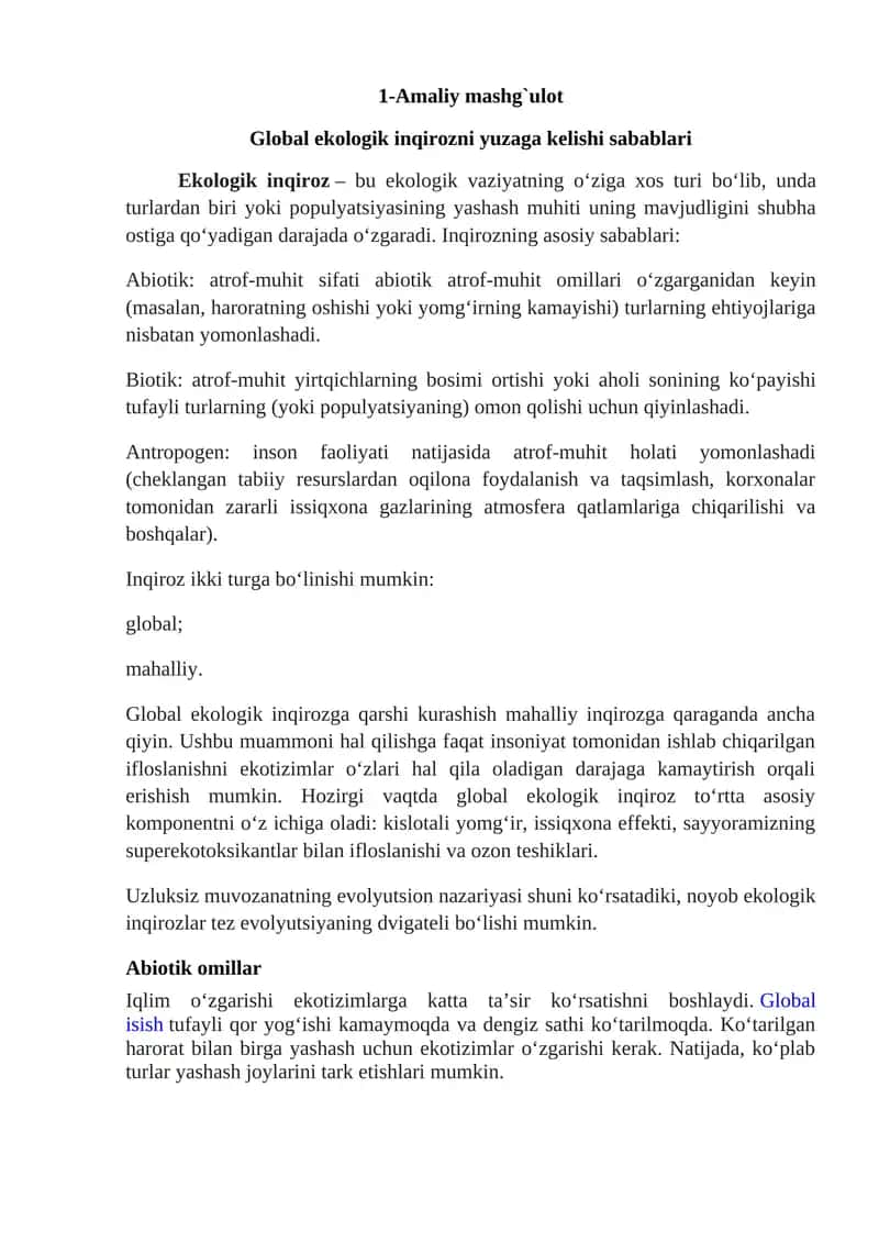 Global ekologik inqirozni yuzaga kelishi sabablari 1