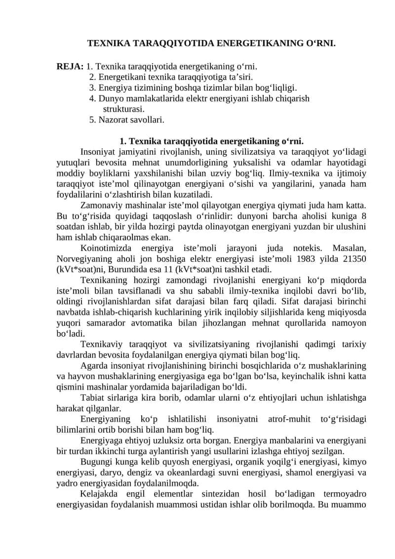 Texnika taraqqiyotida energetikaning o‘rni 1