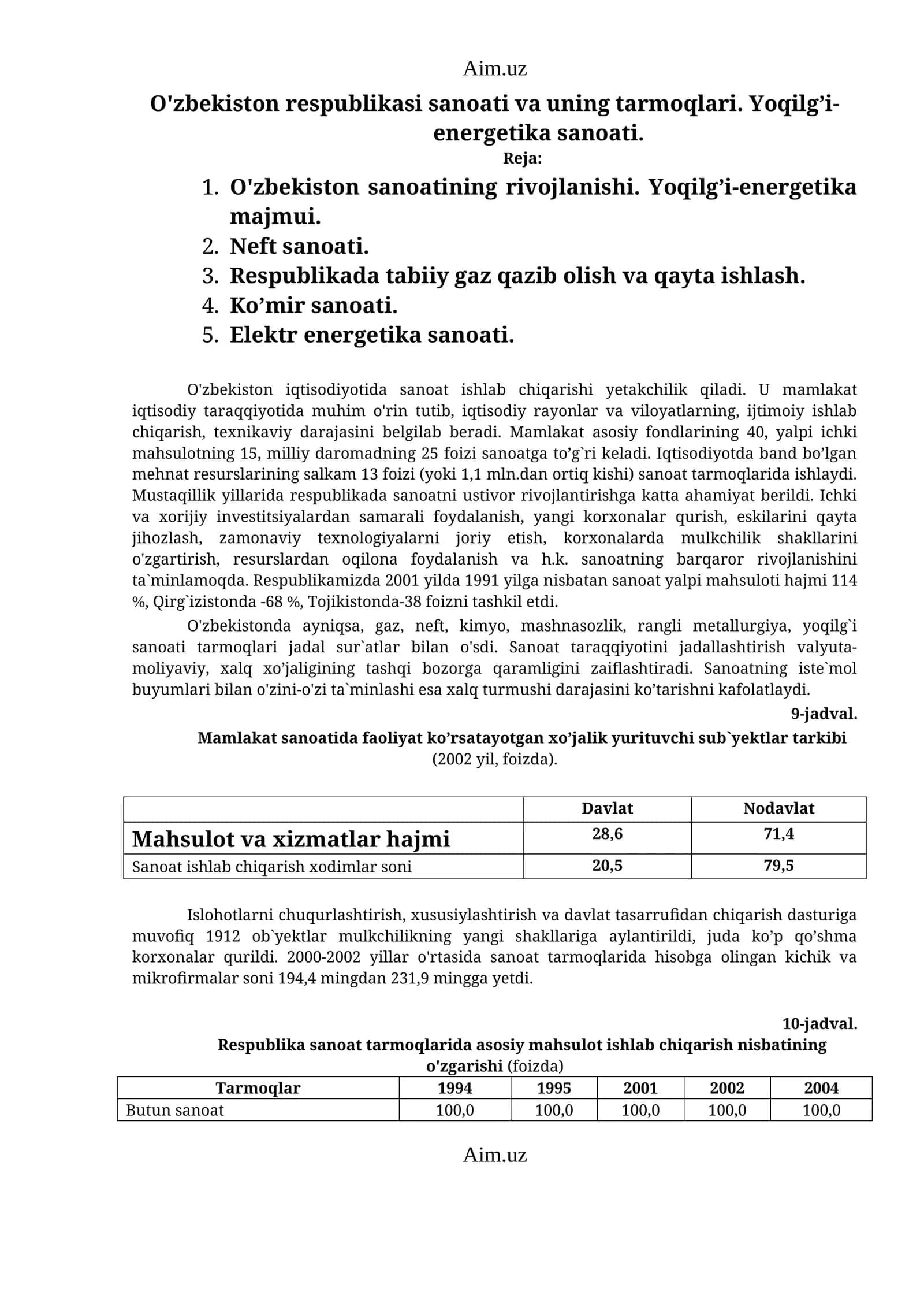O'zbekiston sanoati va uning tarmoqlari 1