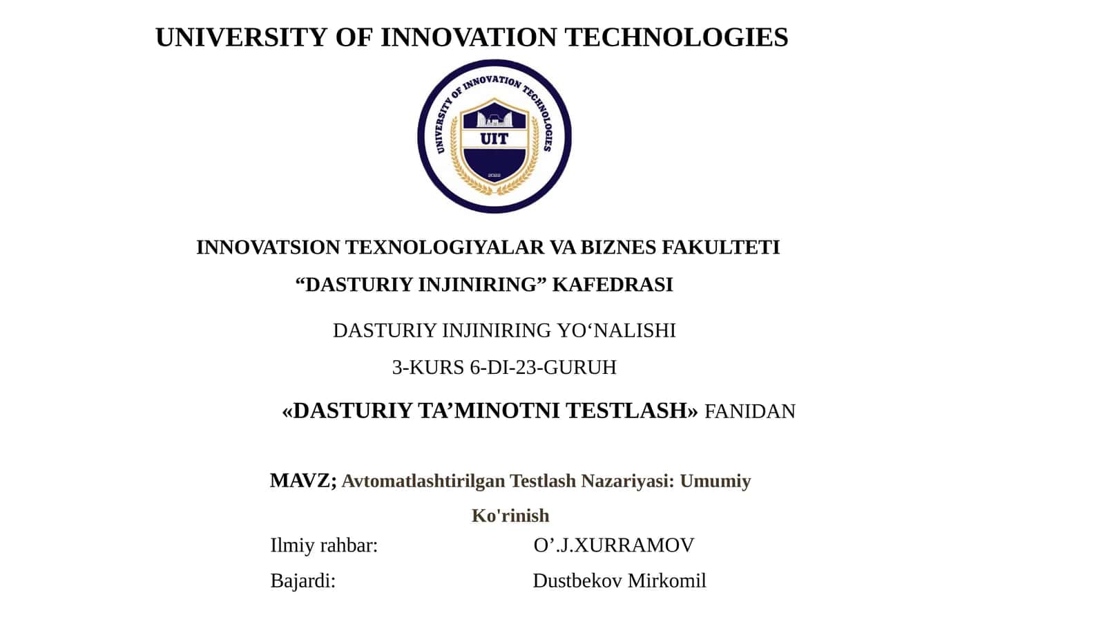 Avtomatlashtirilgan Testlash Nazariyasi 1
