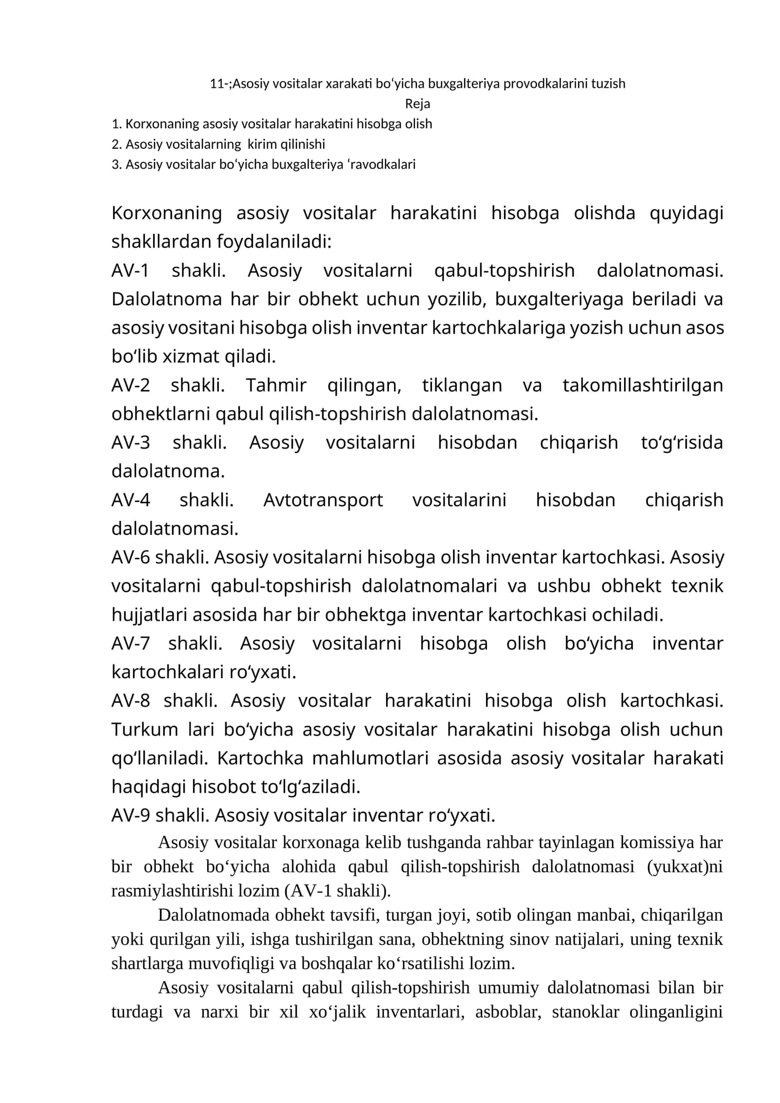 Asosiy vositalar xarakati bo‘yicha buxgalteriya provodkalarini tuzish 1