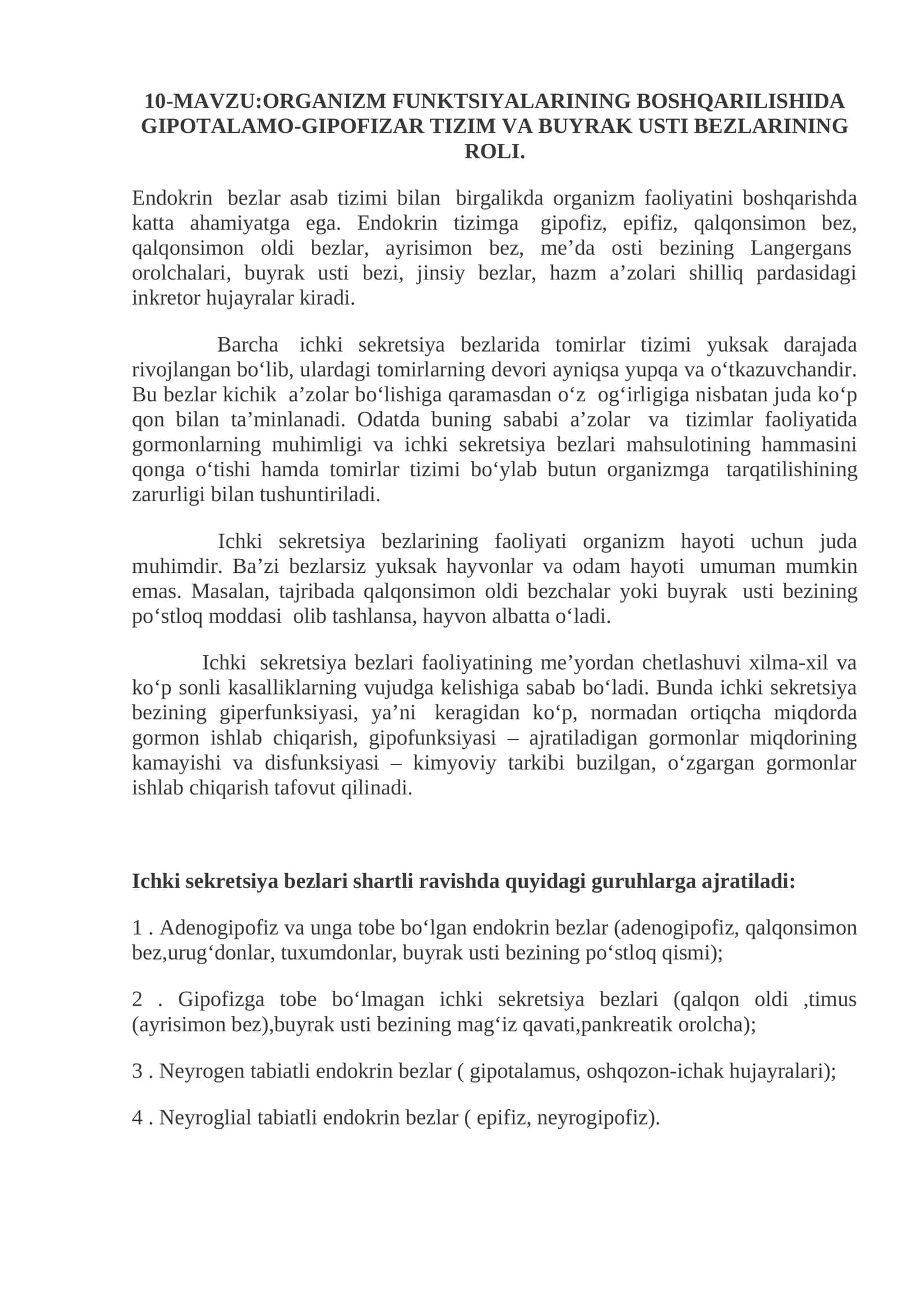 ORGANIZM FUNKTSIYALARINING BOSHQARILISHIDA GIPOTALAMO-GIPOFIZAR TIZIM VA BUYRAK USTI BEZLARINING ROLI 1