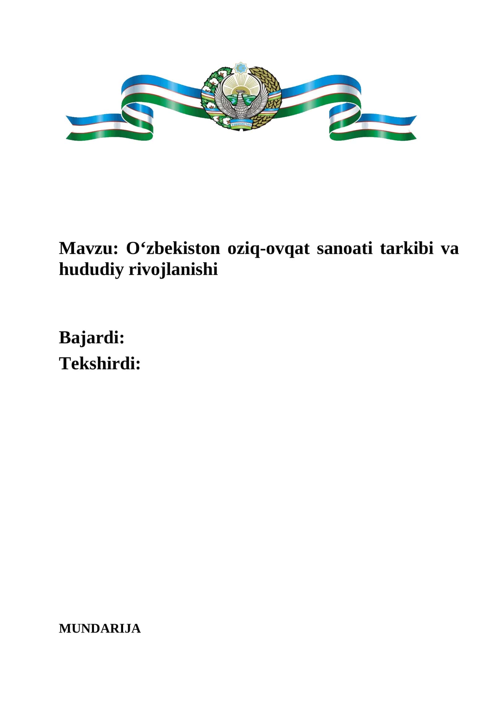 Oʻzbekiston oziq-ovqat sanoati tarkibi va hududiy rivojlanishi 1