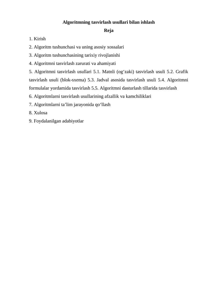 Algoritmning tasvirlash usullari bilan ishlash 1
