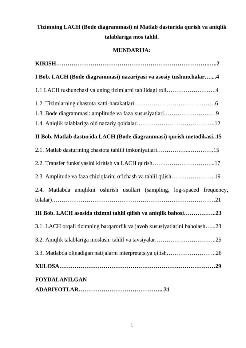 LACH (Bode diagrammasi) ni Matlab dasturida qurish 1