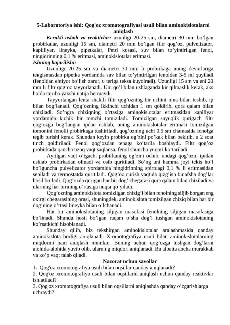 5-Laboratoriya ishi: Qog'oz xromatografiyasi usuli bilan aminokislotalarni aniqlash 1