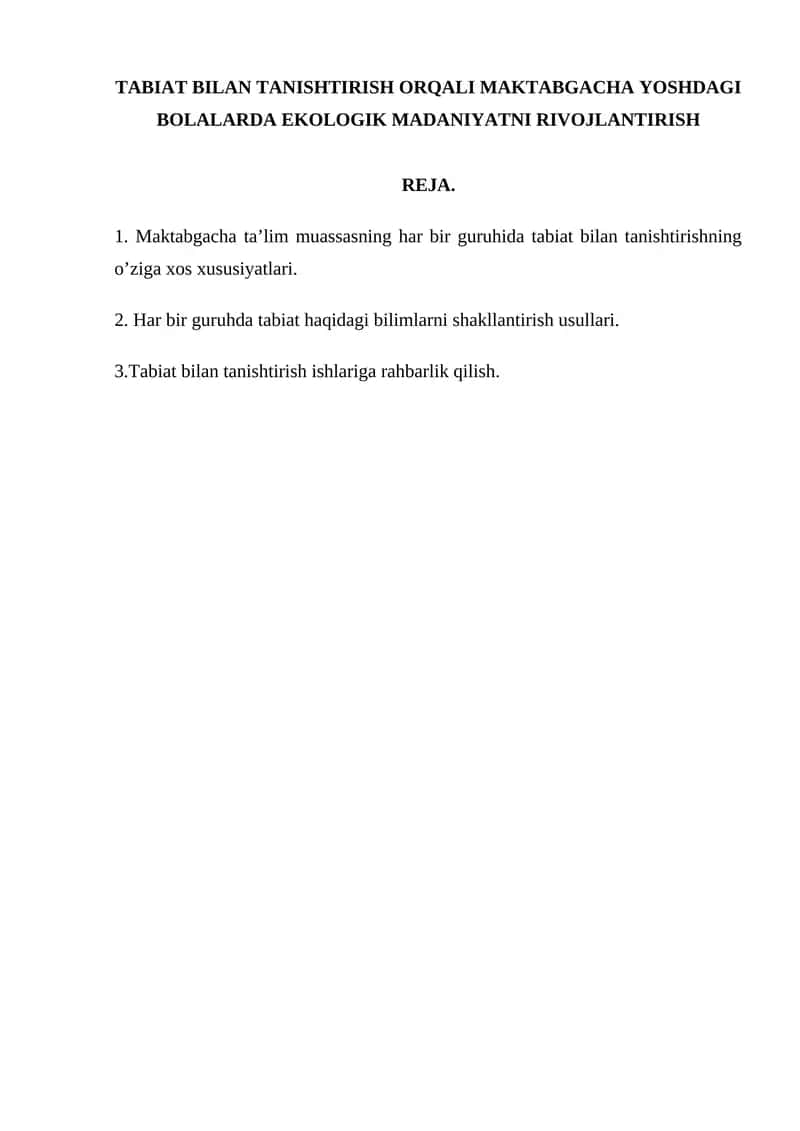 TABIAT BILAN TANISHTIRISH ORQALI MAKTABGACHA YOSHDAGI BOLALARDA EKOLOGIK MADANIYATNI RIVOJLANTIRISH 1