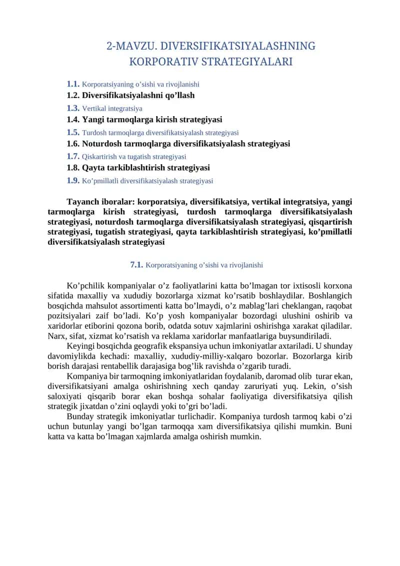 DIVERSIFIKATSIYАLASHNING KORPORATIV STRATEGIYАLARI 1