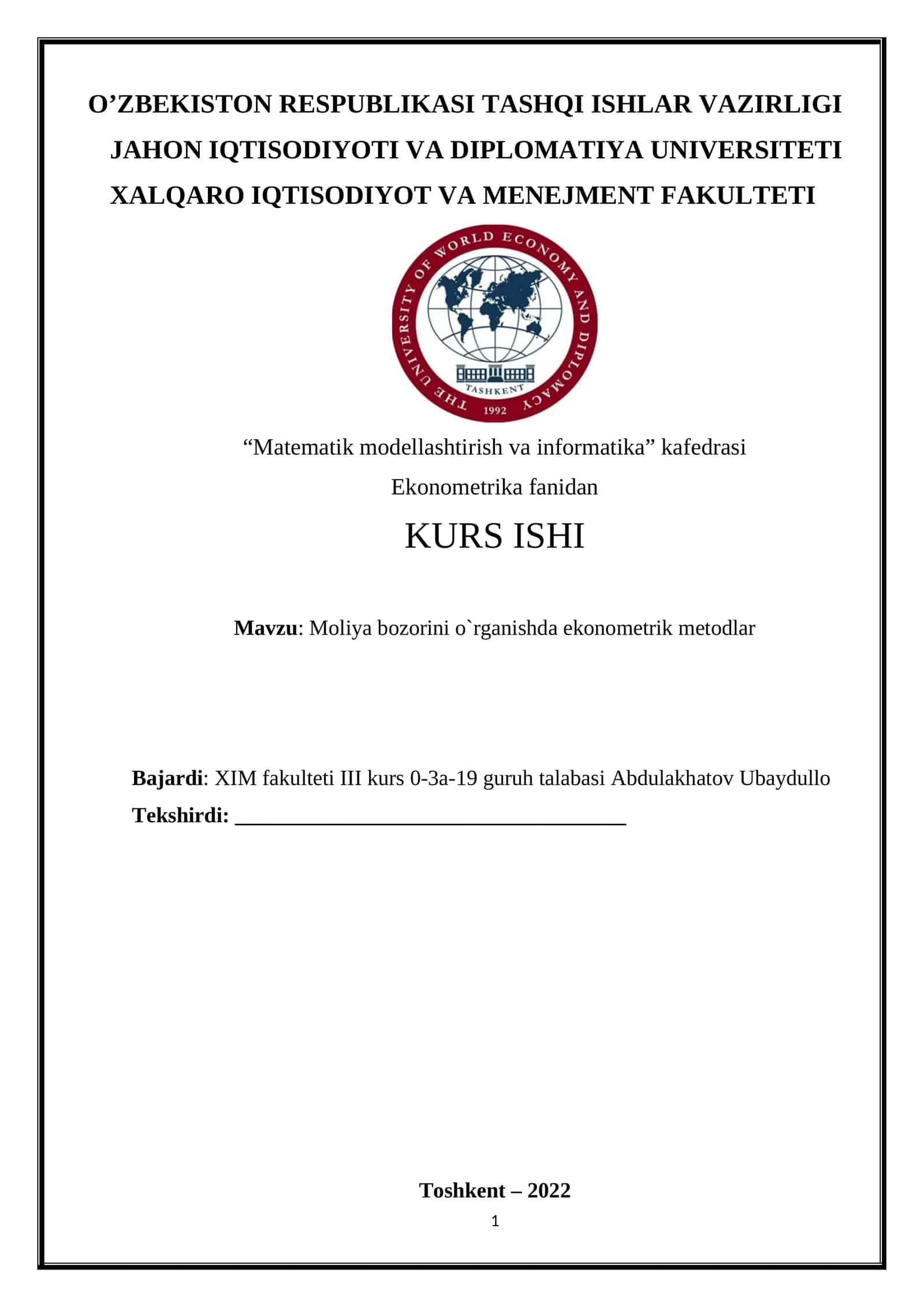 Mоliyа bоzоrini о`rgаnishdа ekоnоmetrik metоdlаr 1