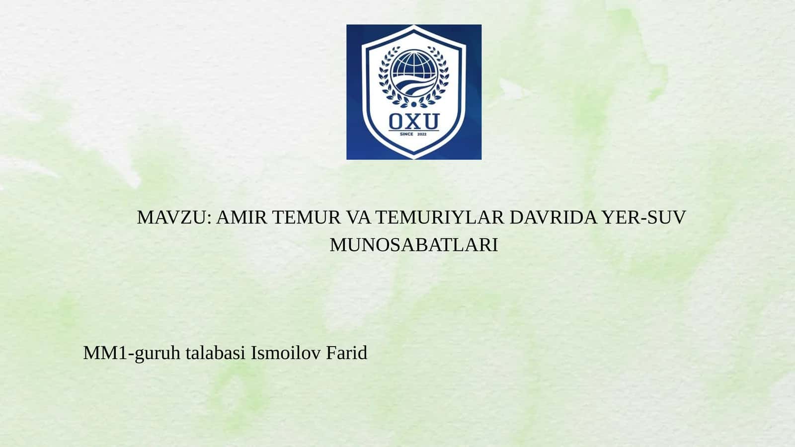 Amir Temur va Temuriylar davrida yer suv munosabatlari 1