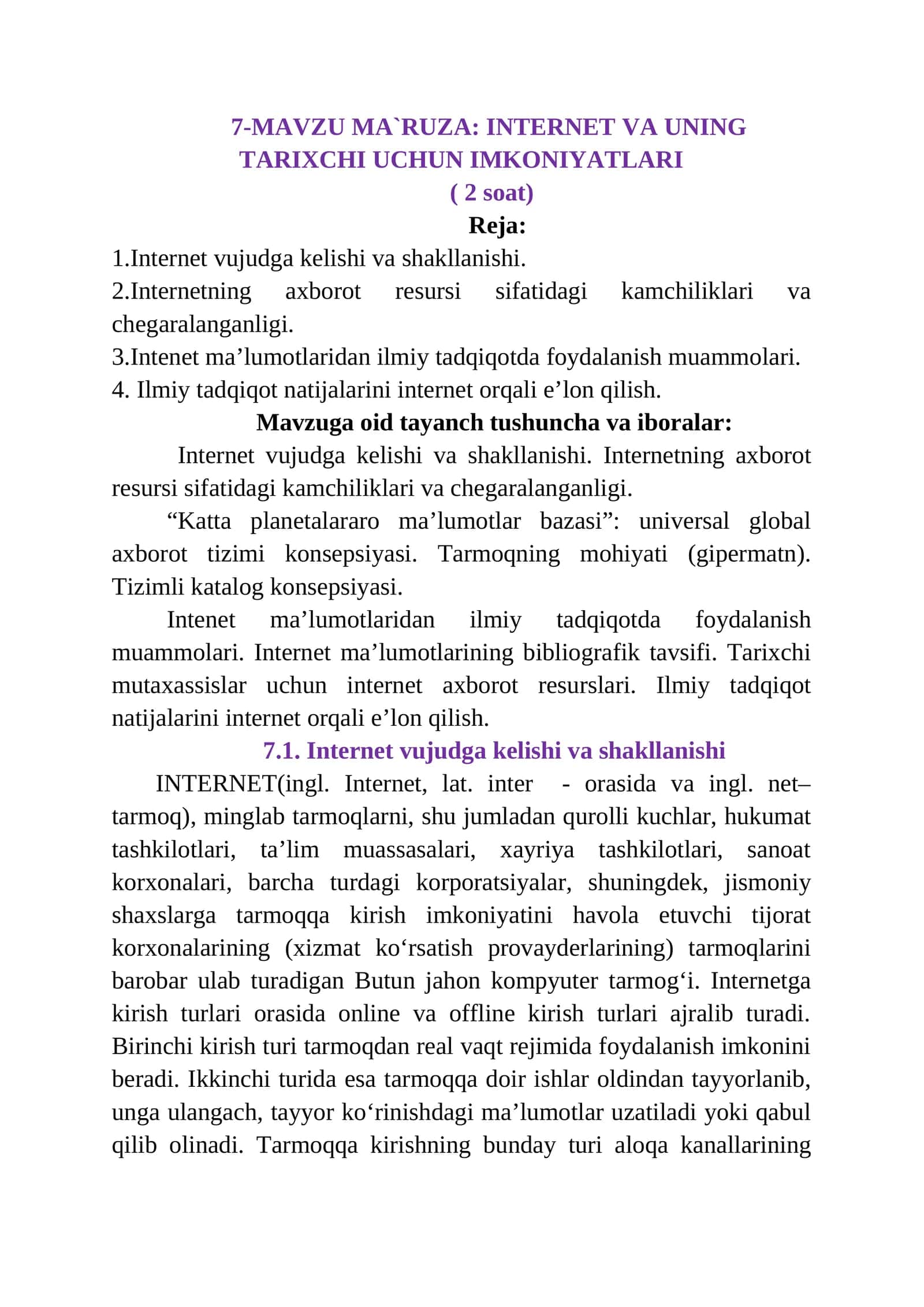 INTERNET VA UNING TARIXCHI UCHUN IMKONIYATLARI 1