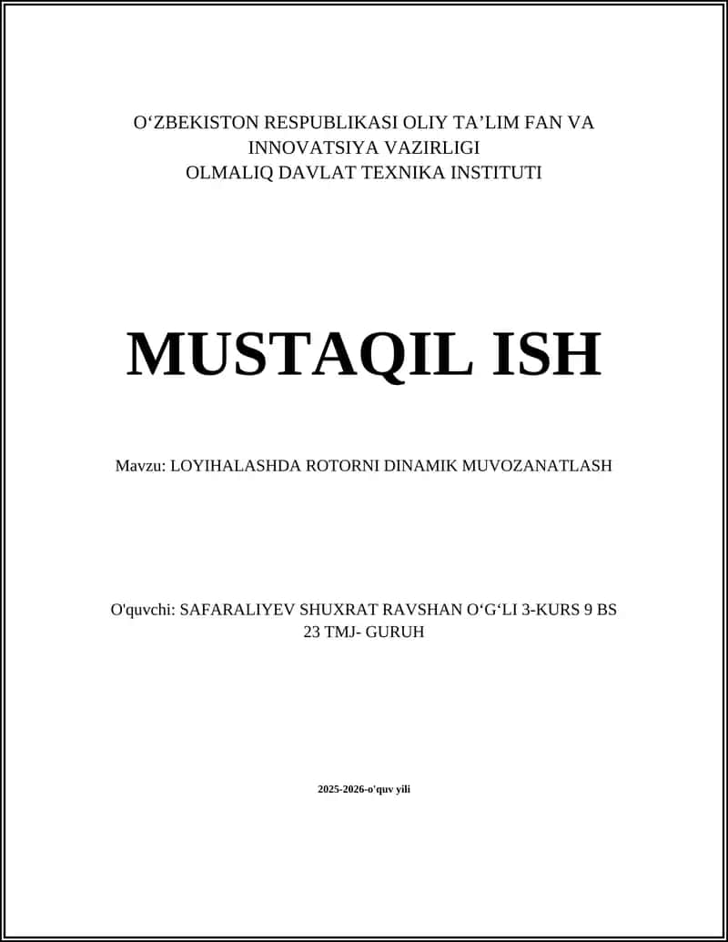 LOYIHALASHDA ROTORNI DINAMIK MUVOZANATLASH 1