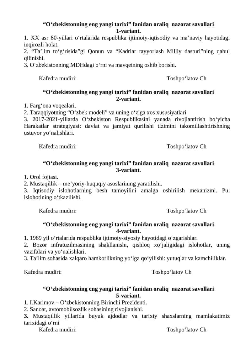 O‘zbekistonning eng yangi tarixi fanidan oraliq nazorat savollari 1-variant 1