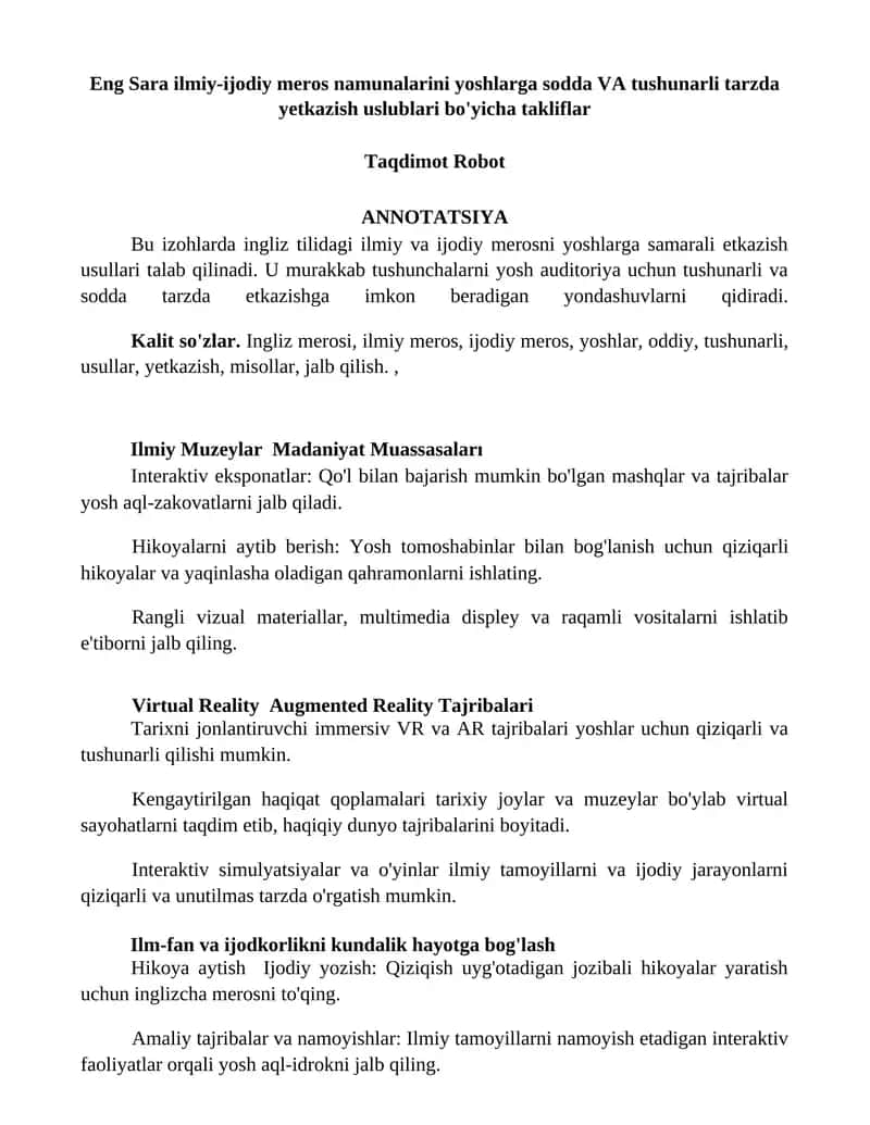 Eng Sara ilmiy-ijodiy meros namunalarini yoshlarga sodda VA tushunarli tarzda yetkazish uslublari bo'yicha takliflar 1