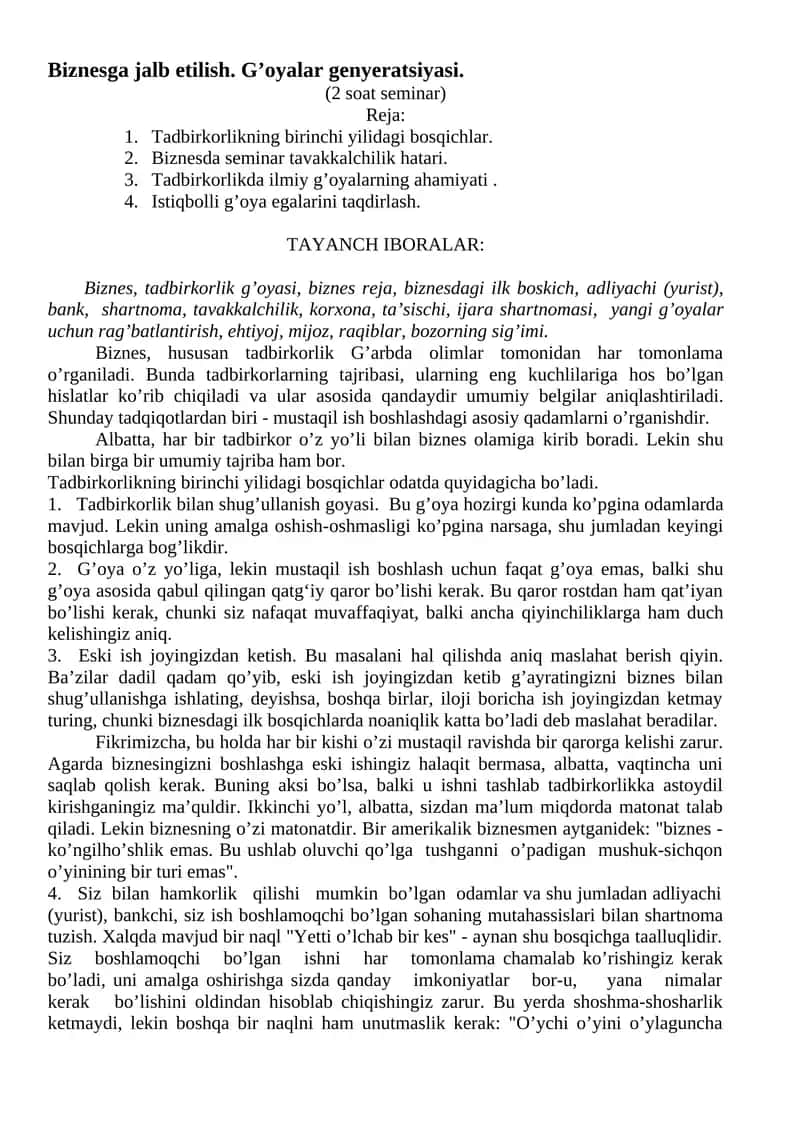 Tadbirkorlikning Birinchi Yilidagi Bosqichlar 1