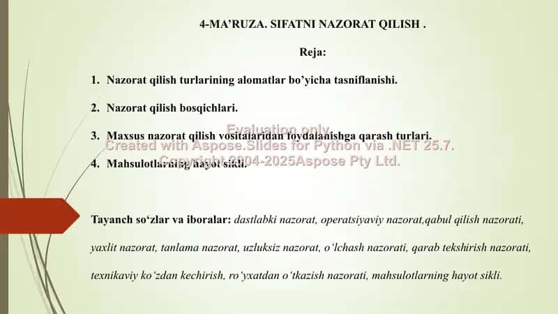 Ma'ruza. Sifatni Nazorat Qilish 1