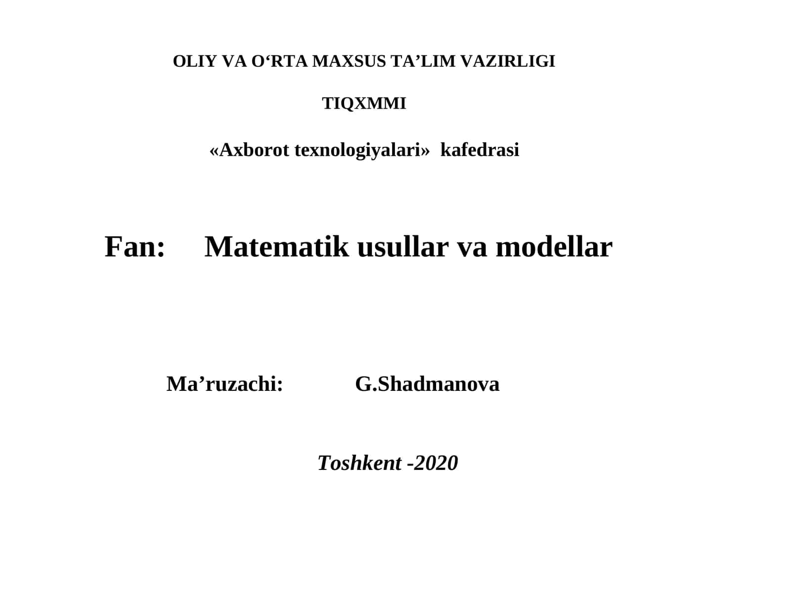 Fan: Matematik usullar va modellar 1