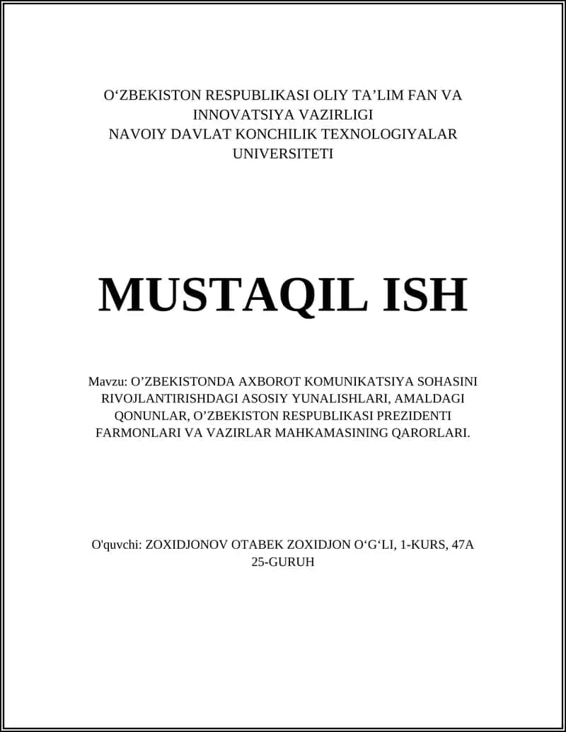 O‘zbekistonda Axborot Kommunikatsiya Sohasini Rivojlantirishdagi Asosiy Yunalishlari 1
