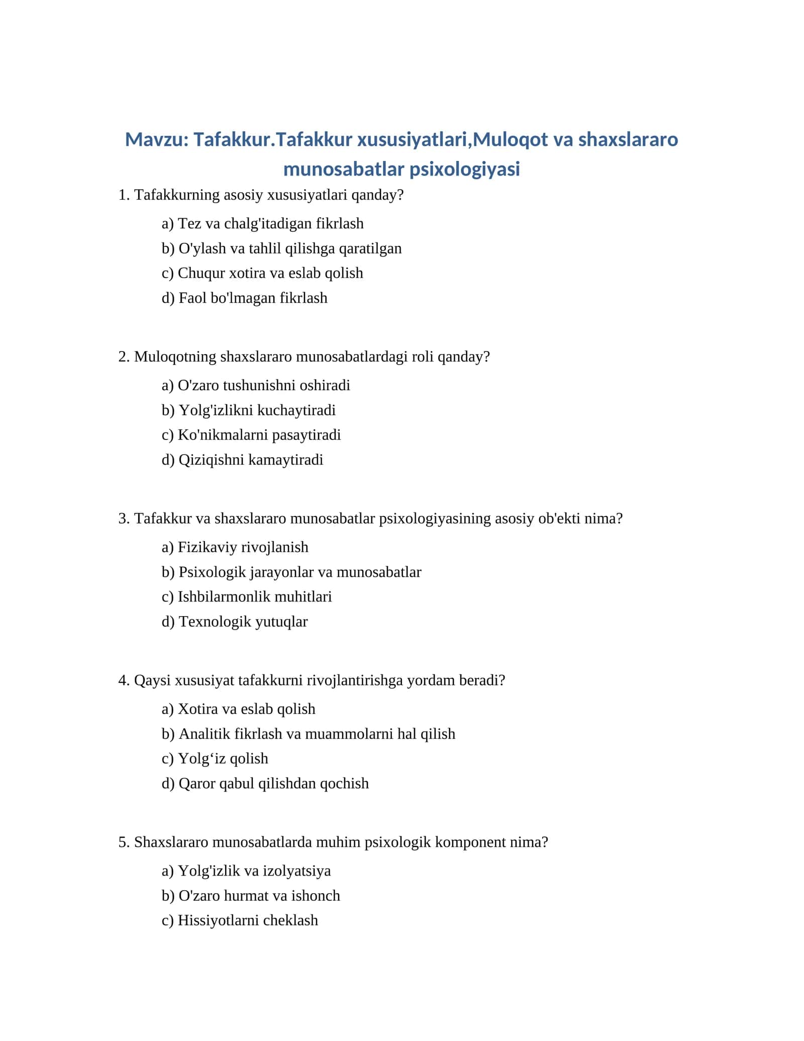 Tafakkur.Tafakkur xususiyatlari,Muloqot va shaxslararo munosabatlar psixologiyasi 1