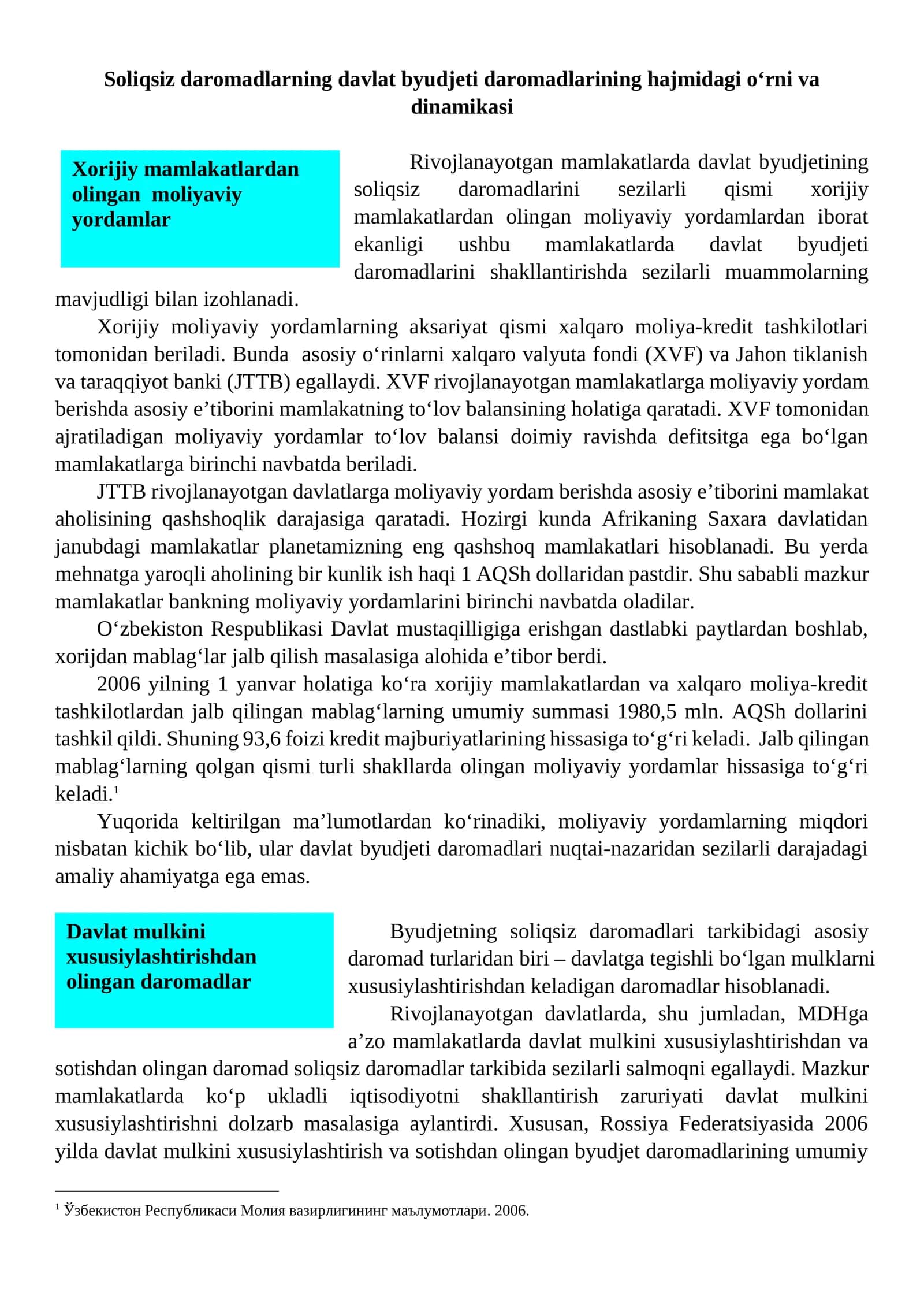 Soliqsiz daromadlarning davlat byudjeti daromadlarining hajmidagi o‘rni va dinamikasi 1