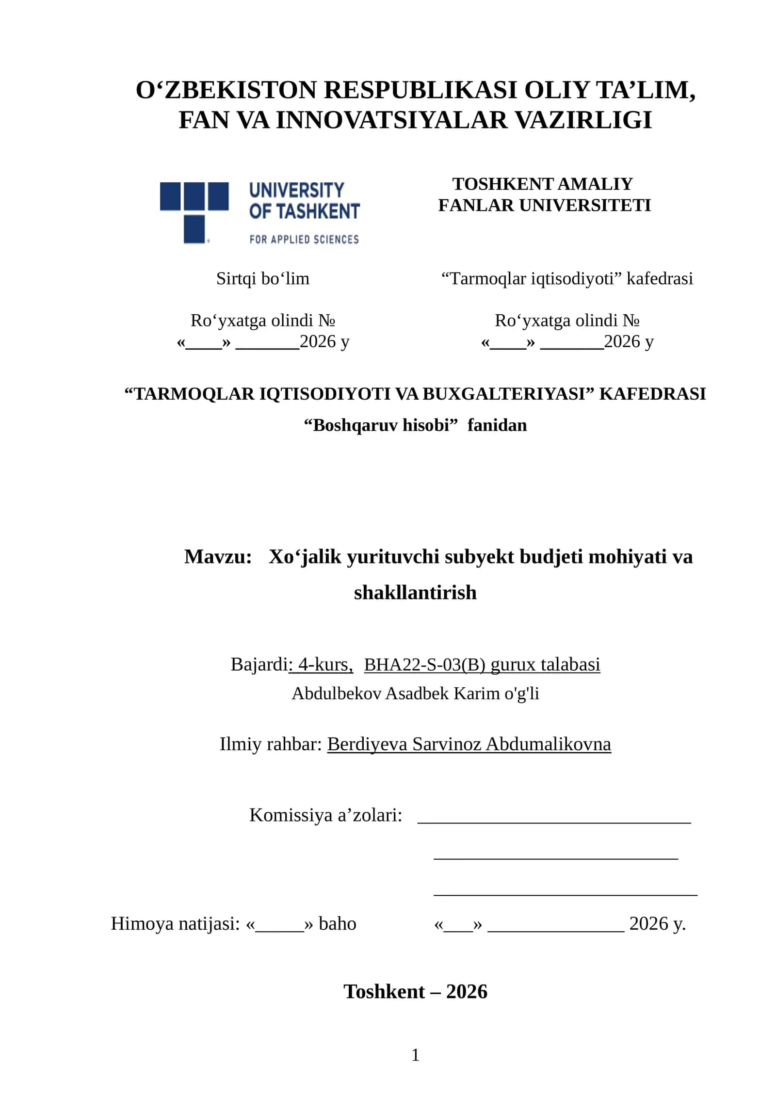 KURS ISHI - Xo‘jalik yurituvchi subyekt budjeti mohiyati va shakllantirish 1