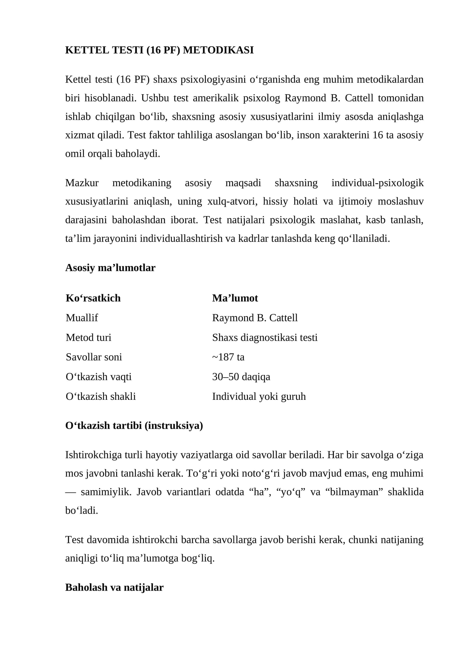 KETTEL TESTI (16 PF) METODIKASI 1