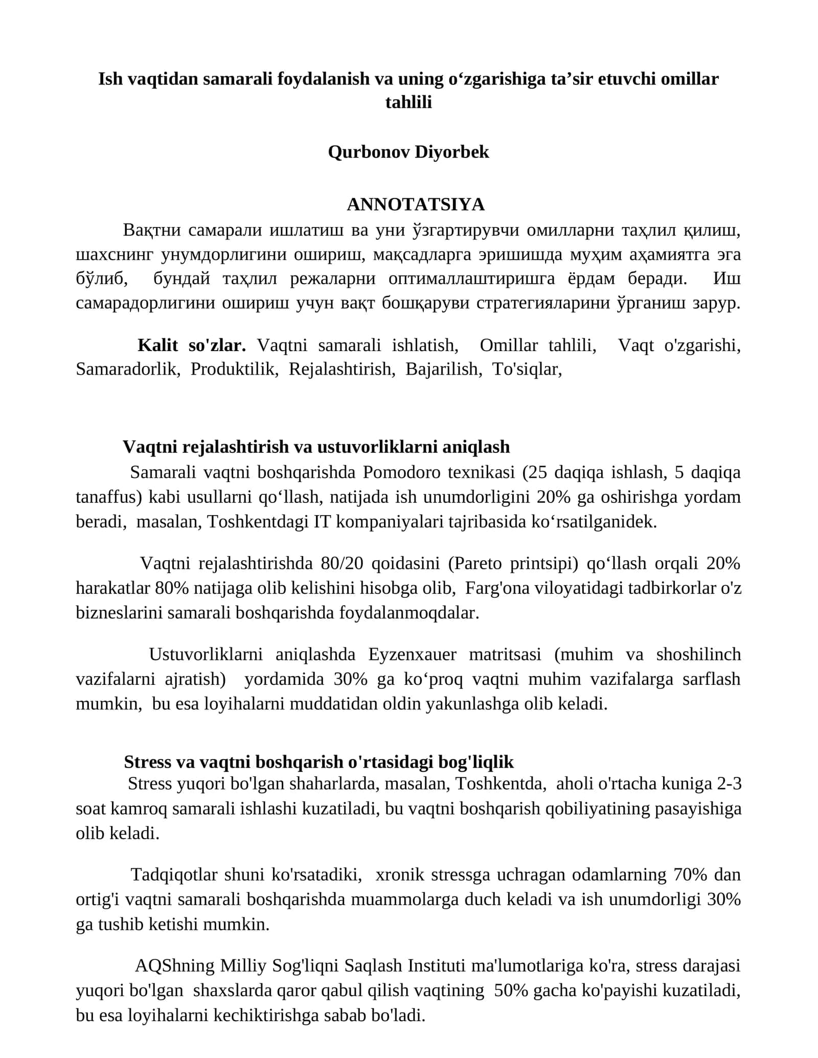 Vaqtni samarali ishlatish va uning o‘zgarishiga ta’sir etuvchi omillar tahlili 1