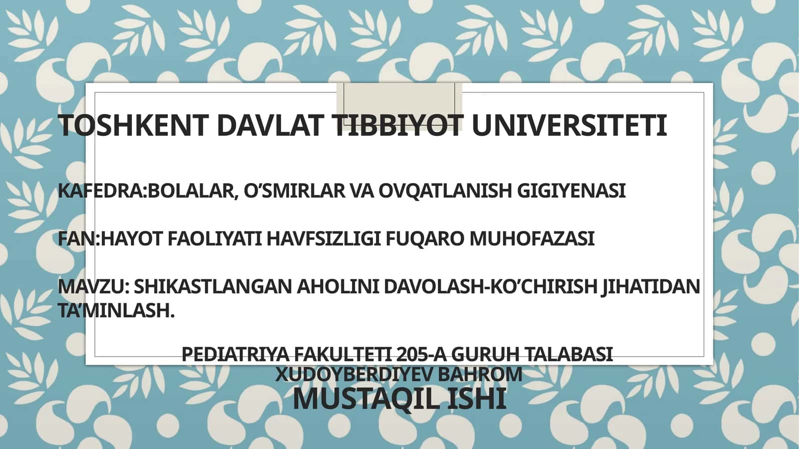 Shikastlangan aholini davolash-ko’chirish jihatidan ta’minlash 1