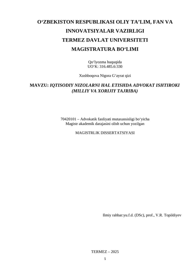 IQTISODIY NIZOLARNI HAL ETISHDA ADVOKAT ISHTIROKI (MILLIY VA XORIJIY TAJRIBA) 1