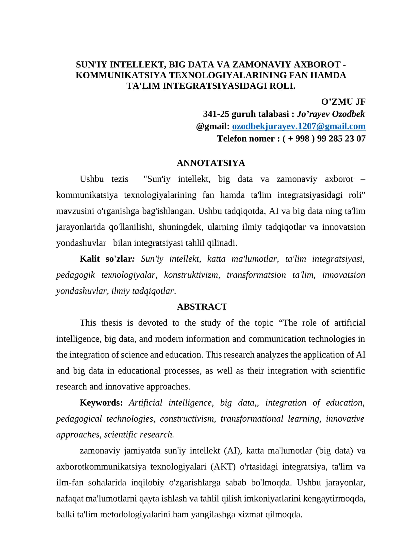 SUN'IY INTELLEKT, BIG DATA VA ZAMONAVIY AXBOROT - KOMMUNIKATSIYA TEXNOLOGIYALARINING FAN HAMDA TA'LIM INTEGRATSIYASIDAGI ROLI 1