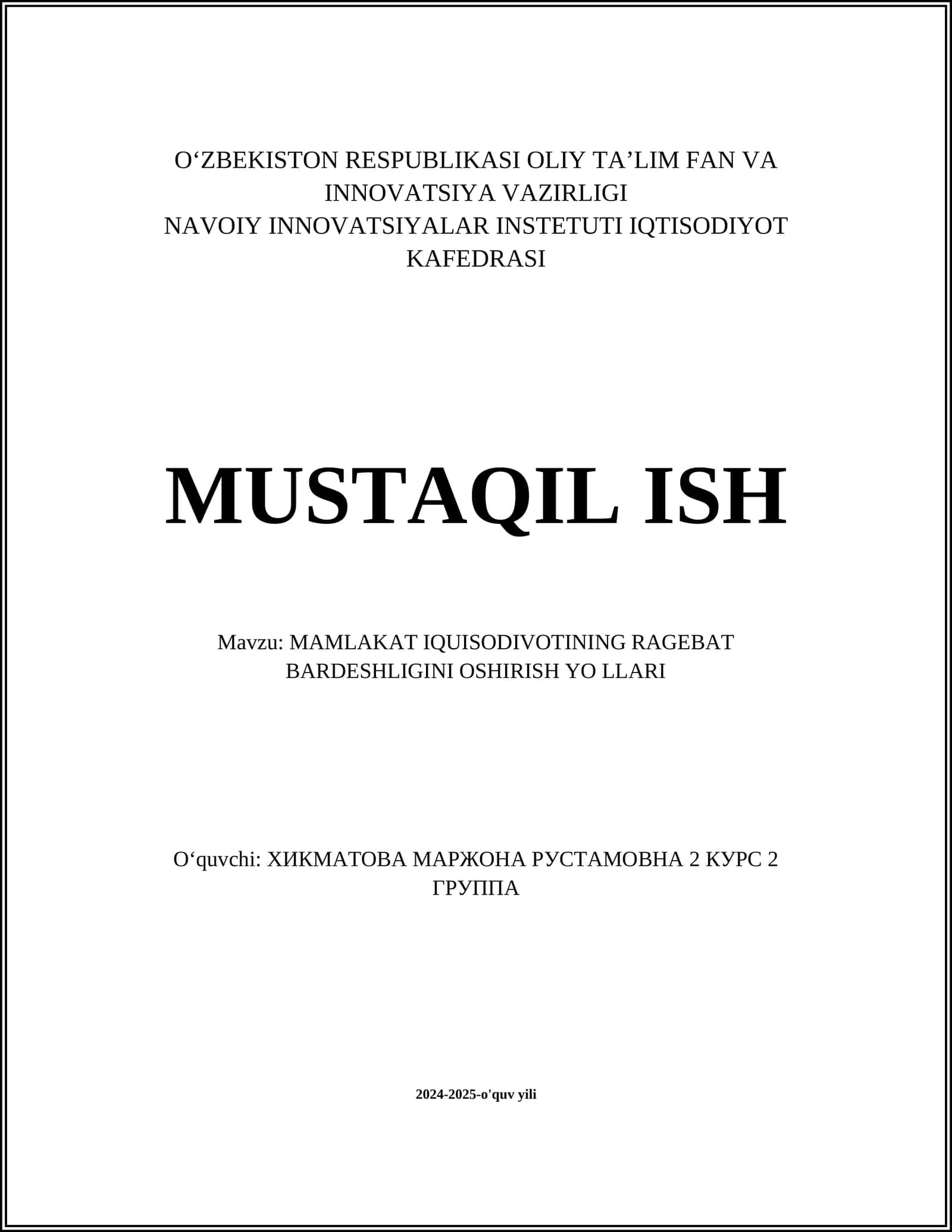 MAMLAKAT IQUISODIVOTINING RAGEBAT BARDESHLIGINI OSHIRISH YO LLARI 1