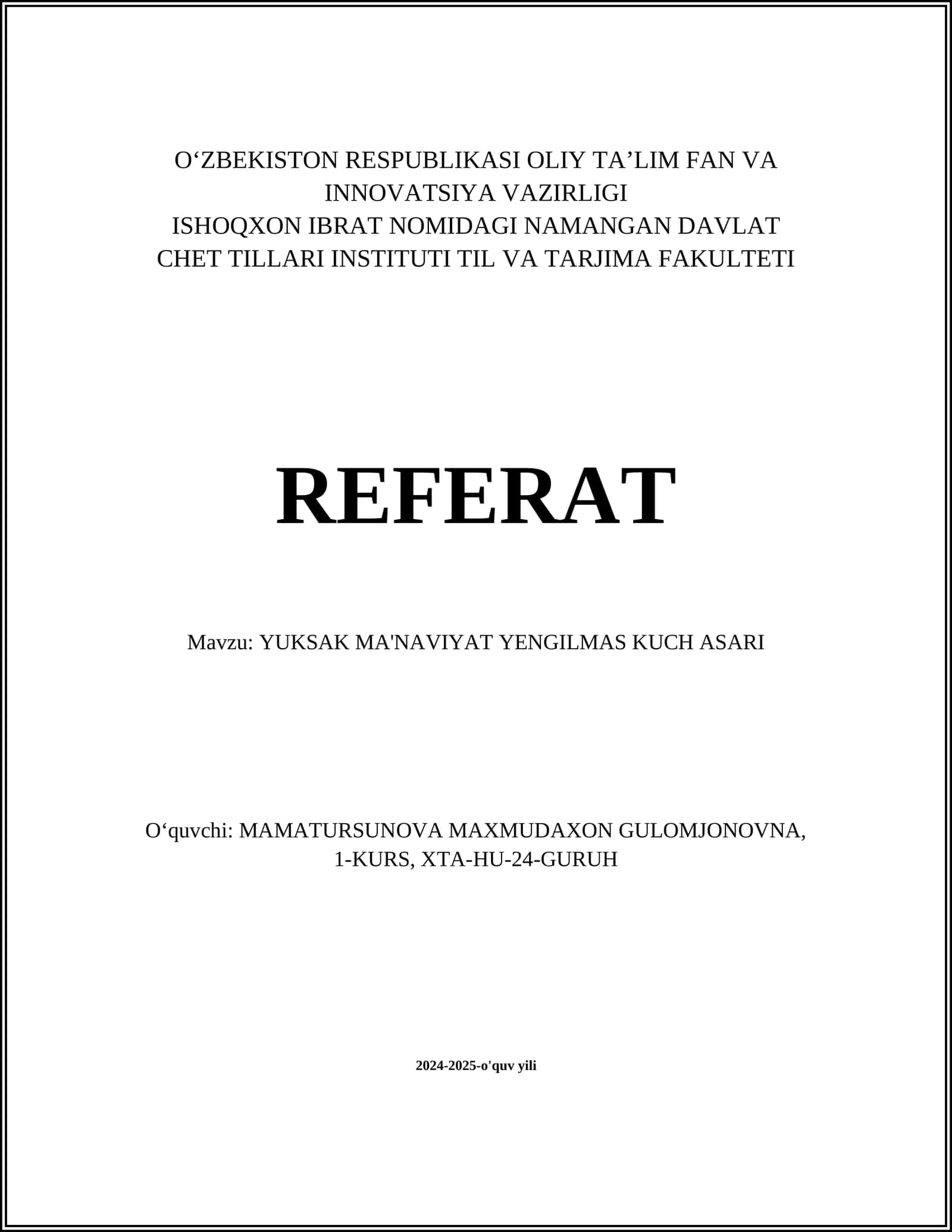 YUKSAK MA'NAVIYAT YENGILMAS KUCH ASARI 1