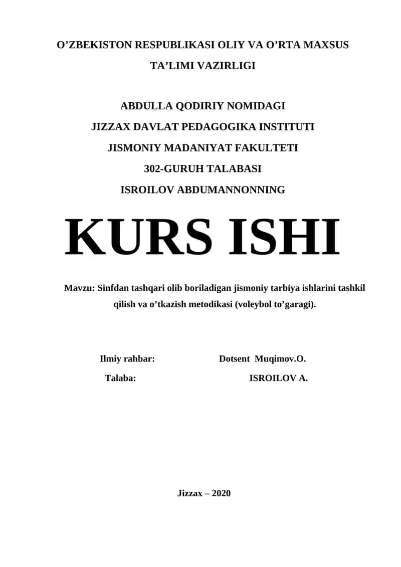 Sinfdan tashqari olib boriladigan jismoniy tarbiya ishlarini tashkil qilish va o’tkazish metodikasi (voleybol to’garagi) 1