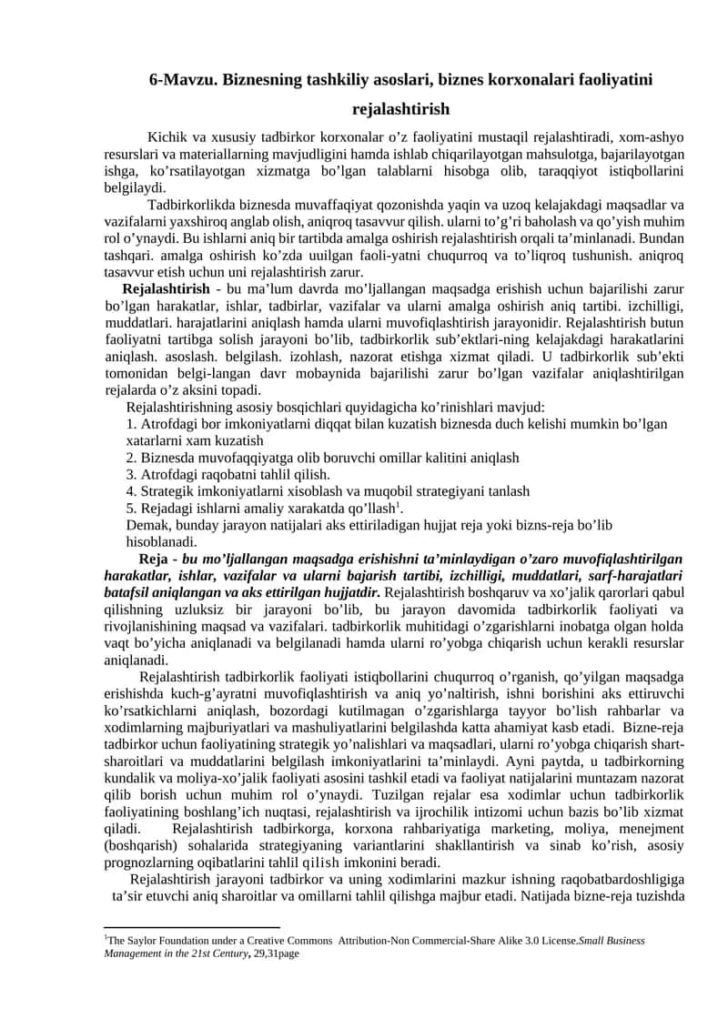 Biznesning tashkiliy asoslari, biznes korxonalari faoliyatini rejalashtirish 1