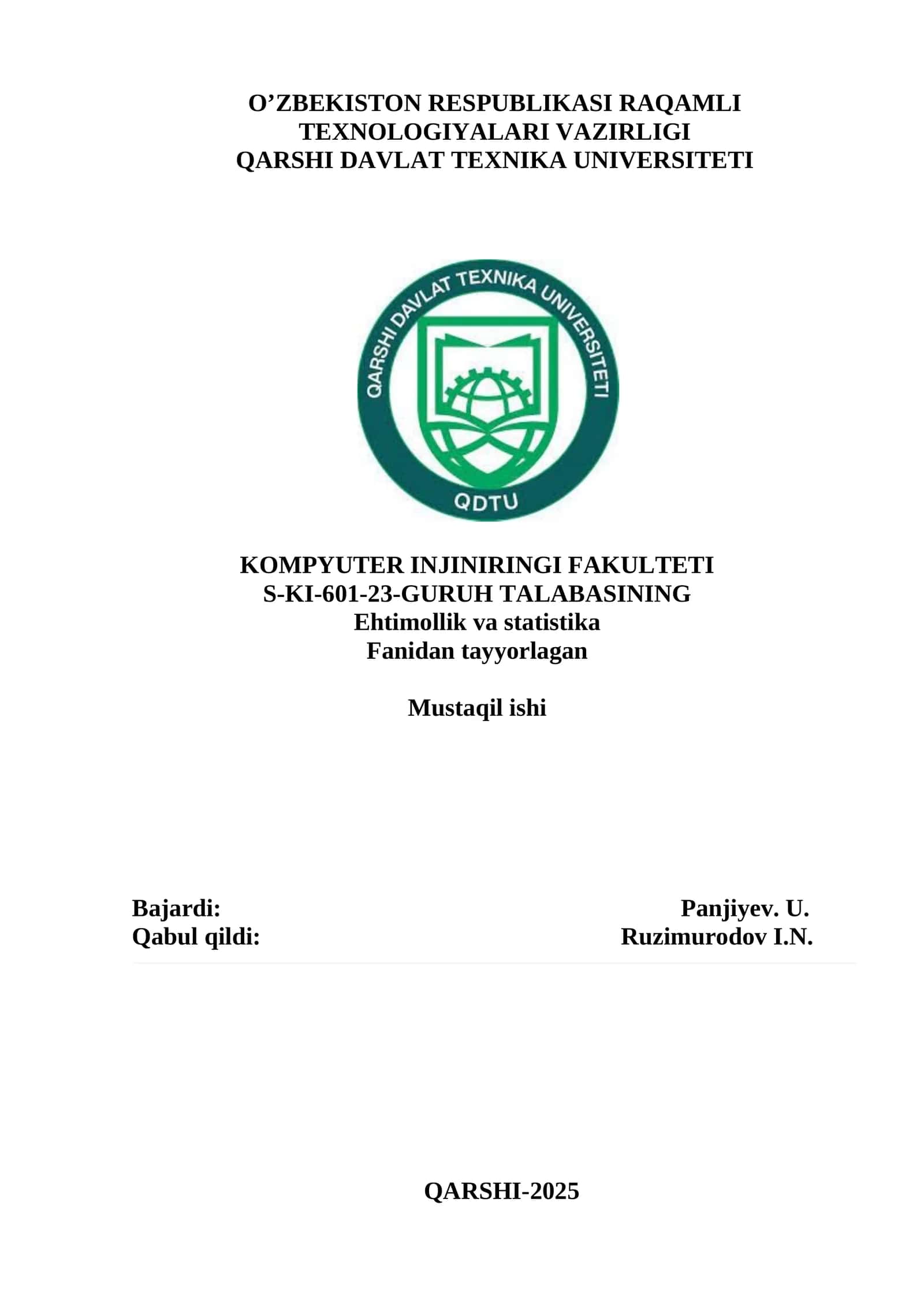 Ehtimollik va statistika Fanidan Tayyorlagan Mustaqil Ish 1