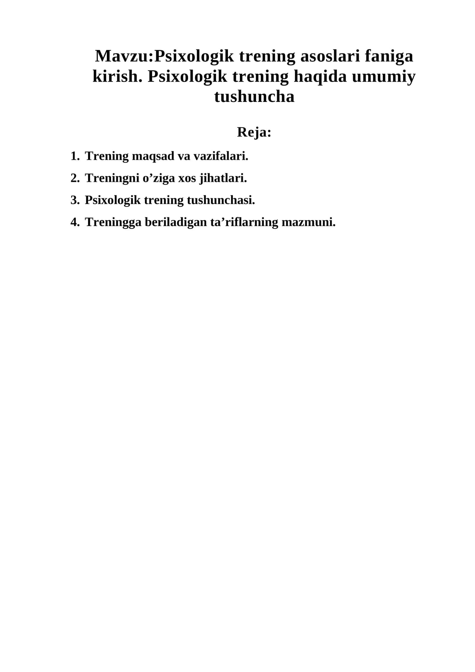 Psixologik trening asoslari faniga kirish. Psixologik trening haqida umumiy tushuncha 1