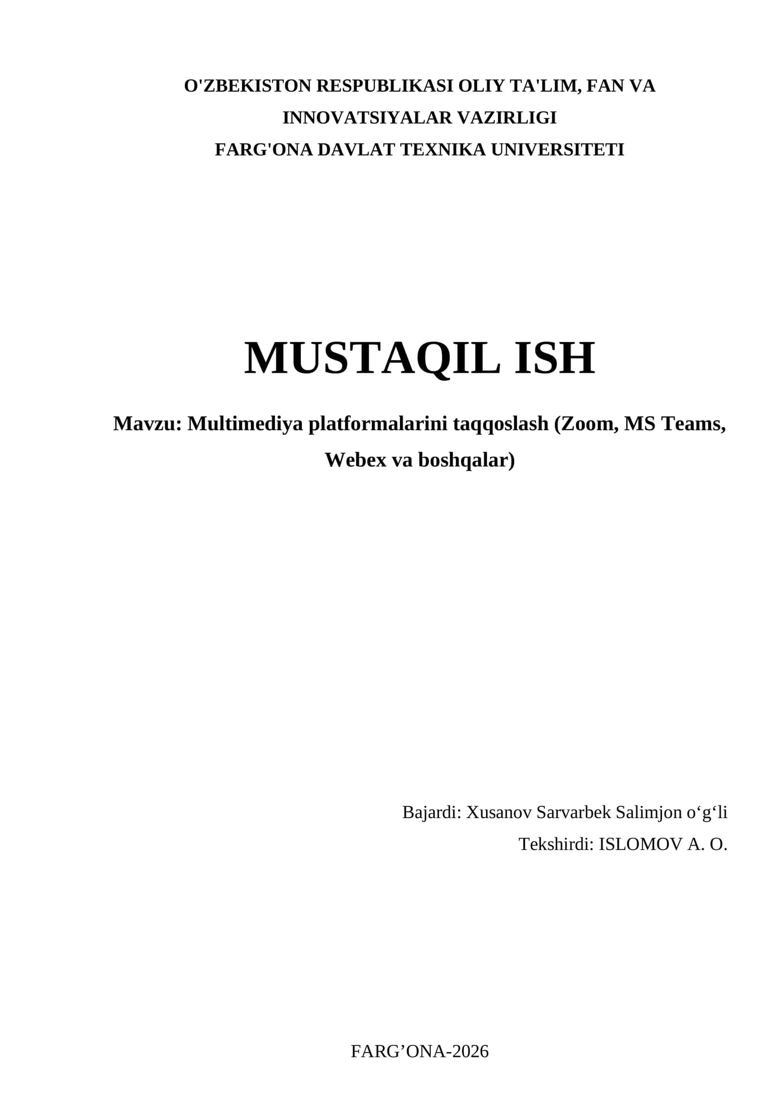 Multimediya platformalarini taqqoslash (Zoom, MS Teams, Webex va boshqalar) 1