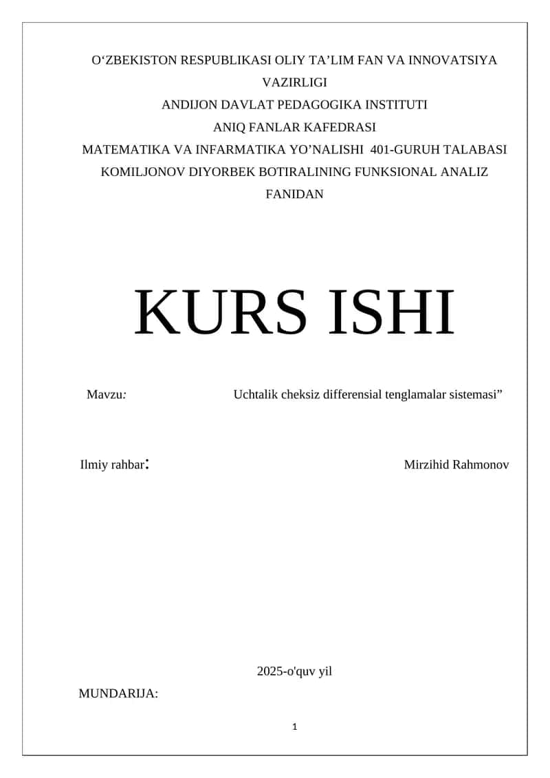 Uchtalik cheksiz differensial tenglamalar sistemasi 1
