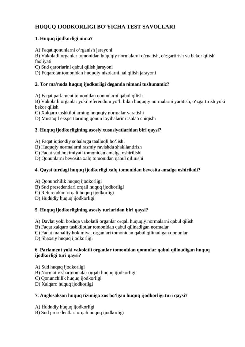Huquq Ijodkorligi Bo‘yicha Test Savollari 1