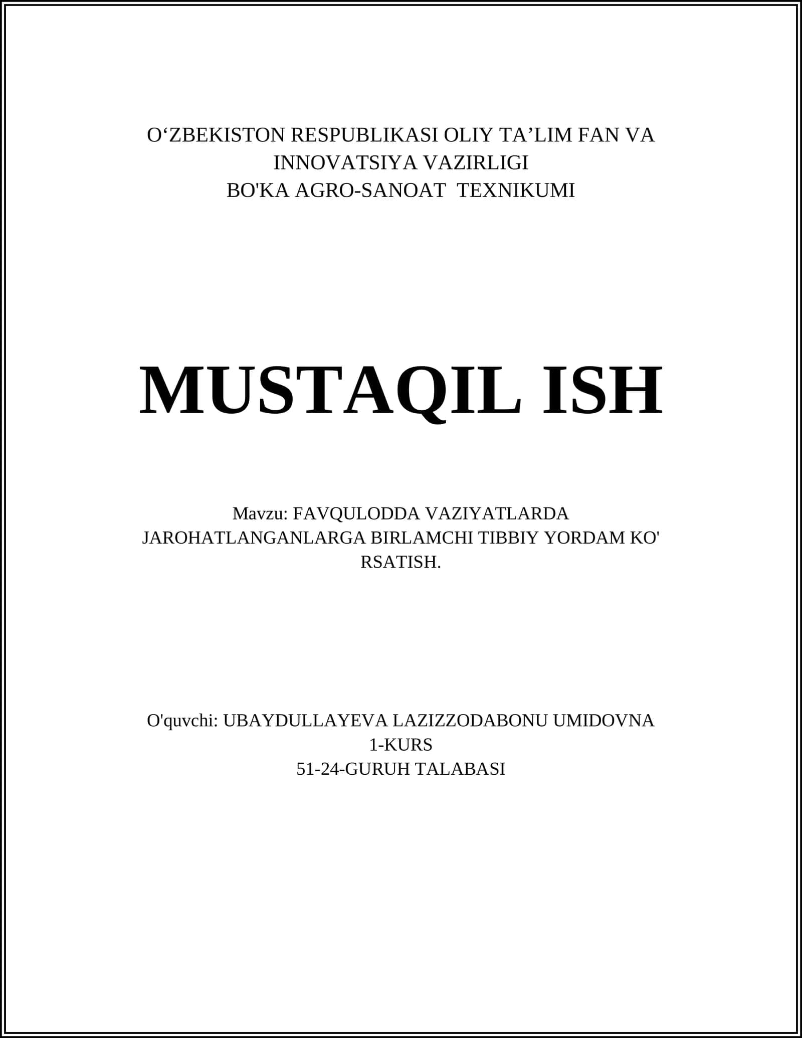 FAVQULODDA VAZIYATLARDA JAROHATLANGANLARGA BIRLAMCHI TIBBIY YORDAM KO' RSATISH 1