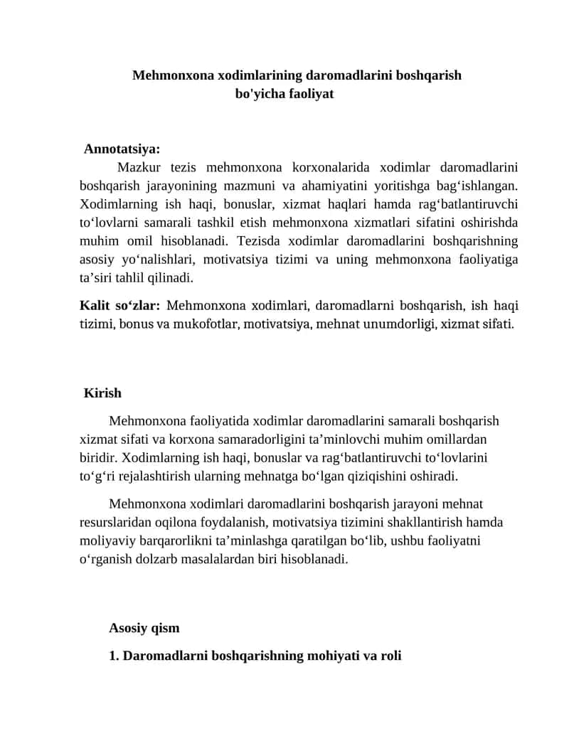 Mehmonxona xodimlarining daromadlarini boshqarish bo'yicha faoliyat 1