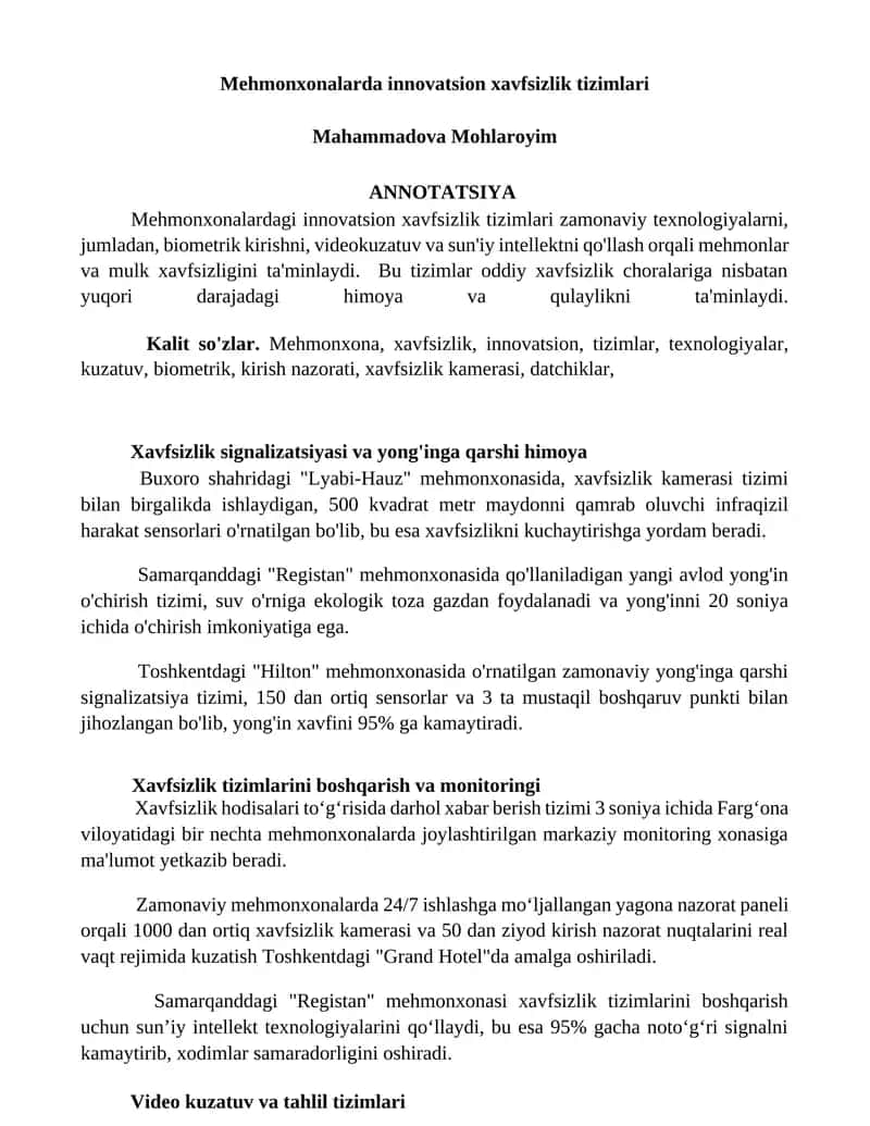 Mehmonxonalarda innovatsion xavfsizlik tizimlari 1