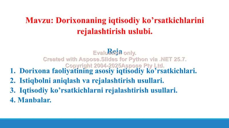 Dorixonaning iqtisodiy ko’rsatkichlarini rejalashtirish uslubi. Taqdimot 16 bet. 1