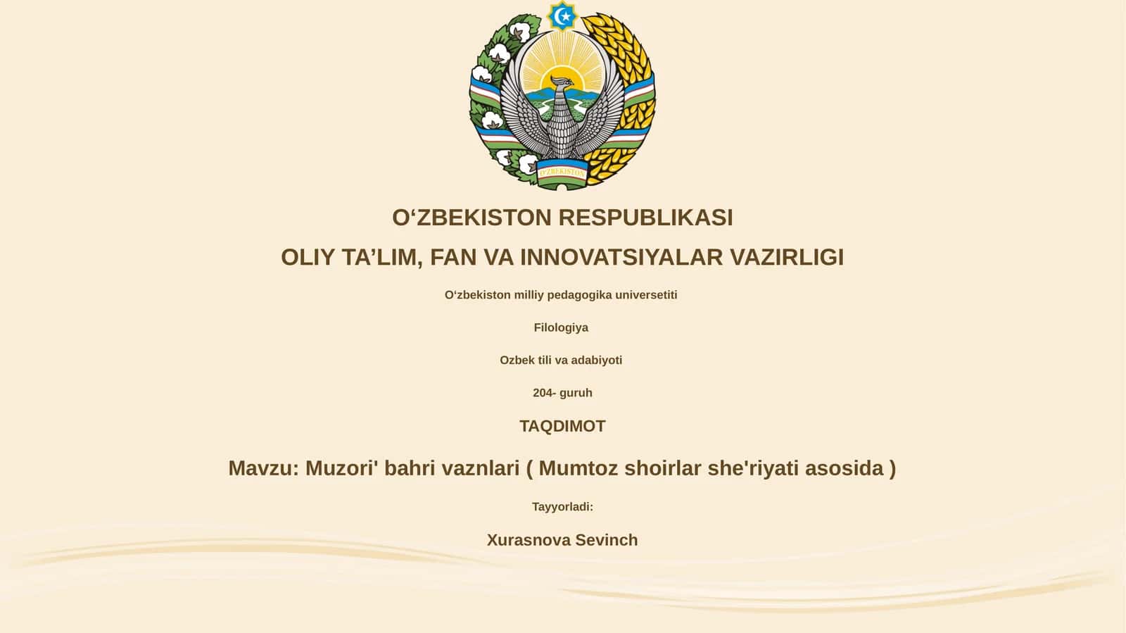 Muzori' bahri vaznlari ( Mumtoz shoirlar she'riyati asosida ) 1