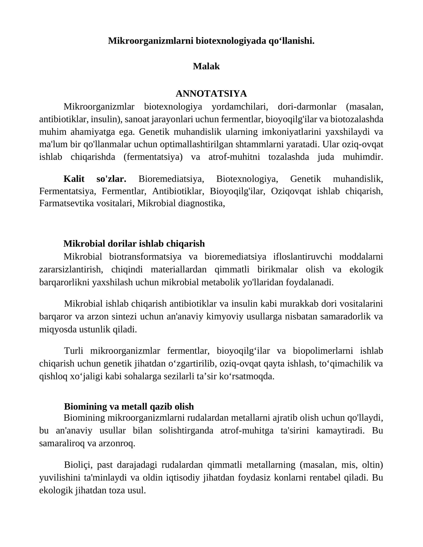 Mikroorganizmlarni biotexnologiyada qoʻllanishi 1